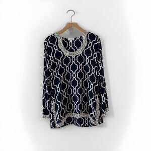 Escapada Tunic Top Womens M Navy White Beaded Sequin Boho Geometric Rayon